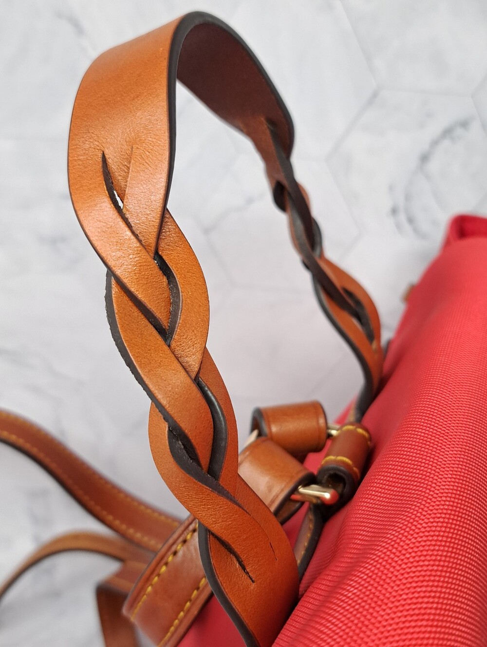 Dooney & Bourke Red Nylon and Tan Leather Flap Backpack Bag - Picture 7 of 9